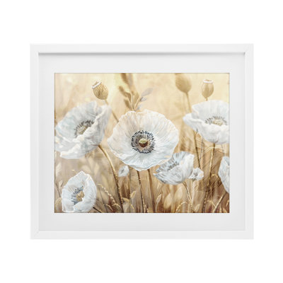 «White Poppies Beige Field», reproduction encadrée sous verre, conception de Kim Allen