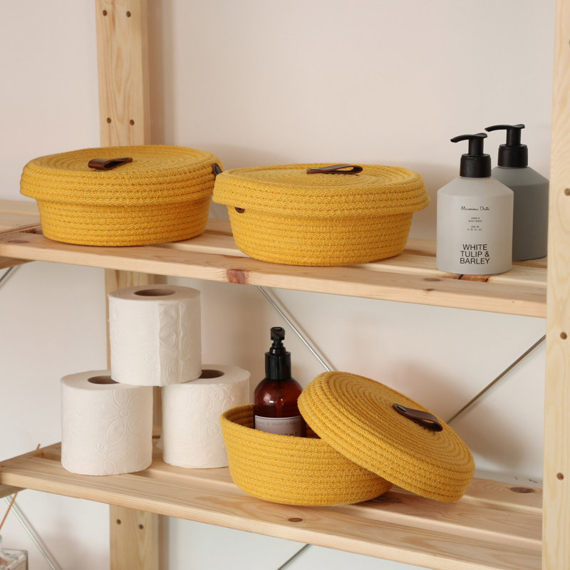 Ensemble de paniers en coton faits à la main (3 pièces), jaune | 100% corde de jute de coton, 7,9 po x 7,9 po x 3,5 po | Parfait pour l'organisation, solution de rangement élégante pour la maison et le bureau, design durable et écologique
