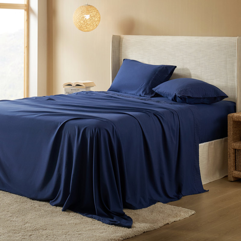 Draps et taies d'oreiller en polyester, Ensemble de draps pour lit simple avec 1 taie d'or, Indigo