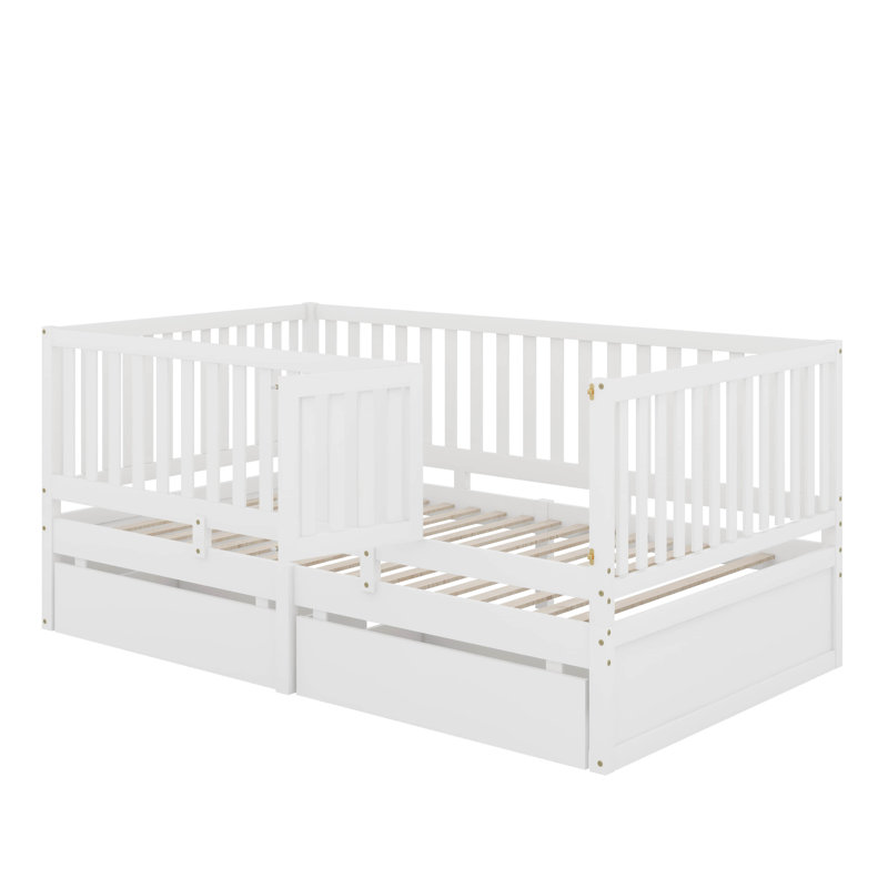Twin Size Wood Daybed With Fence Guardrails And 2 Drawers, Split Into Independent Floor Bed & Daybed, White