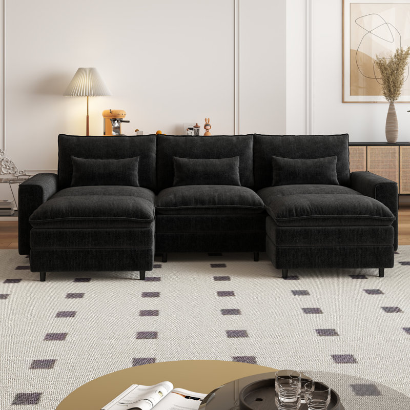 Ensemble de canapé en U pour salon, H 39,37 po x l 121,26 po x P 35,83 po, Chenille noir
