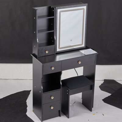 Petit meuble-lavabo de 29,2 po avec tabouret de bureau et tabouret rembourré à gauche 29,5 po, grande commande tactile, interrupteur tricolore, miroir à luminosité réglable, rangement à grande capacité, convient aux petits espaces
