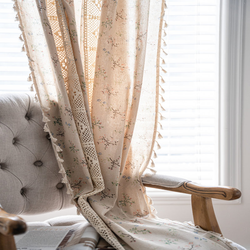 Rustic Floral  Semi Sheer Cotton Linen Blend  Drapes Curtain(2 Pieces), 52" W x 84" L