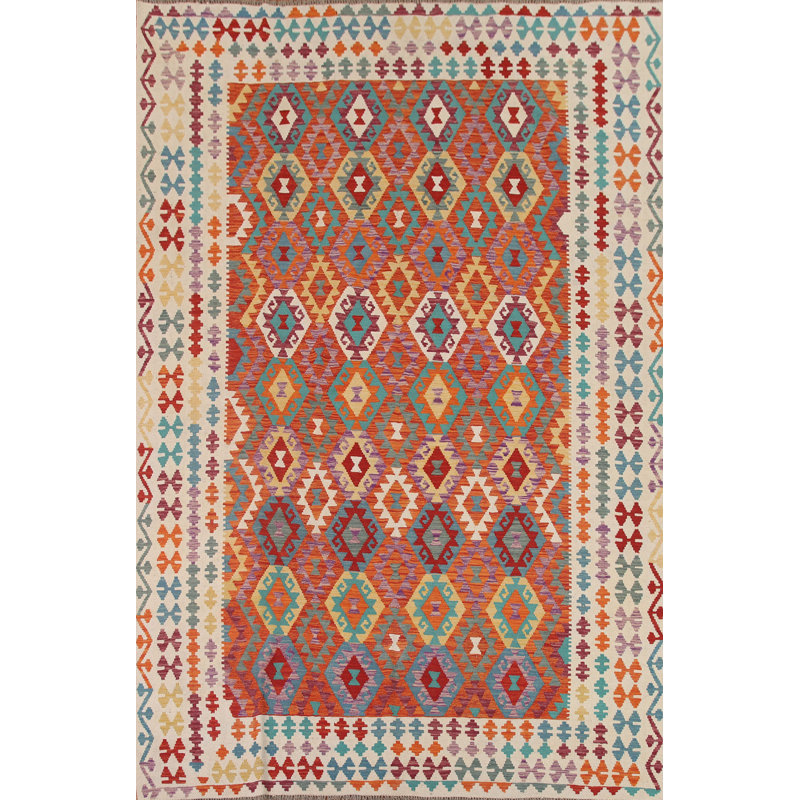 Tapis oriental géométrique en laine Kilim 8 x 11