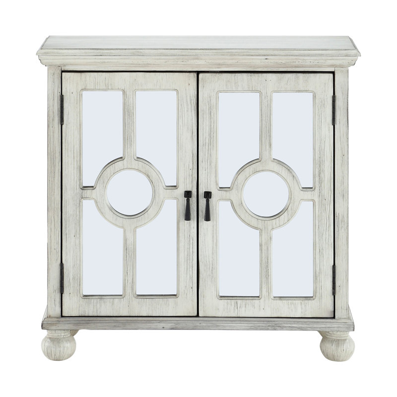 Modern Traditional Accent Chest In Antique White With Mirror Door Front Classic Finish And Decorative Pull Handles