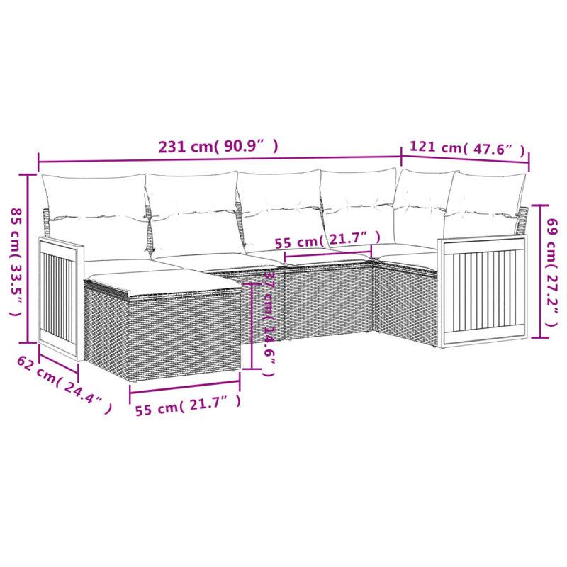 Ensemble de canapé de jardin en rotin PE Vidaxl, acier thermolaqué, 100% polyester