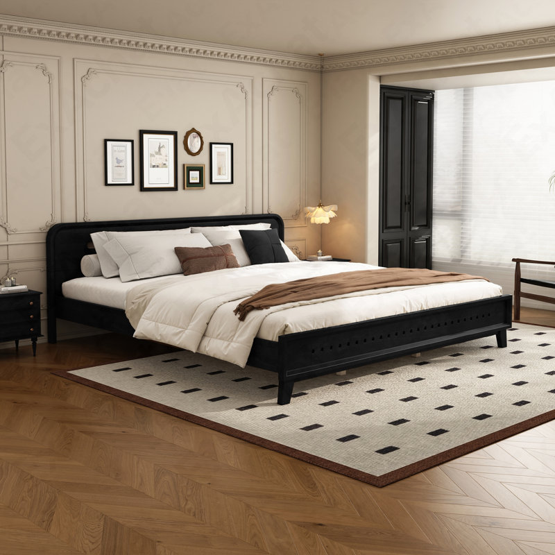 PINE SOLID WOOD KING SIZE BED, SOLID AND STABLE, NO BOX SPRING NEEDED, BLACK COLOR, Black, King