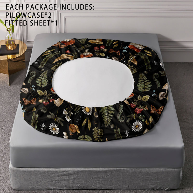 Orylavena Vintage Mushroom and Fern Fitted Sheet Set, Botanical Nature Garden Microfiber Bedding with Snails and Butterflies, Twin Full Queen King, 1 Fitted Sheet and 2 Pillowcases, Digital Print, White Backside, No Pillow Insert Included