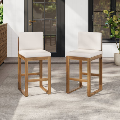 Imamuddin Patio 28" Seat Height Acacia Wood Bar Stools With Cushions