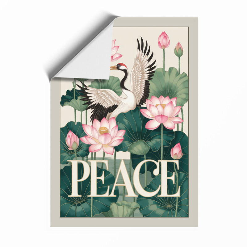 Crane Among Lotus Japandi - Framed Print, Unframed, A1 - 84.1 x 59.4 cm