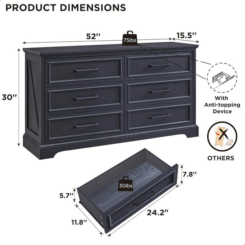 Ursula 52"W Farmhouse 6 Wide Drawer Dresser, Bedroom Chest of Drawers With  Anti-Tip Design, Brown