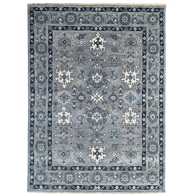 Maya Oushak Silver Hand Knotted Traditional Classic Wool Area Rug, Rectangle 9' x 12'