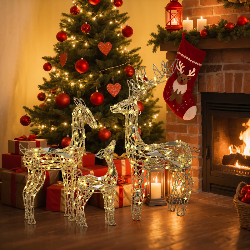 Ensemble de 3 décorations de Noël en forme de famille de cerfs illuminés dorés