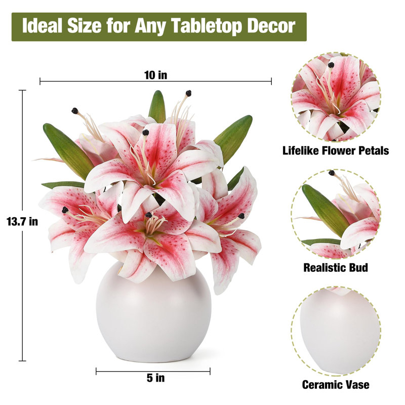 Paquet de 2 fleurs de lis artificielles avec 6 têtes et 3 bourgeons - Fleurs décoratives, arrangement floral, fleurs de décoration intérieure, décoration botanique