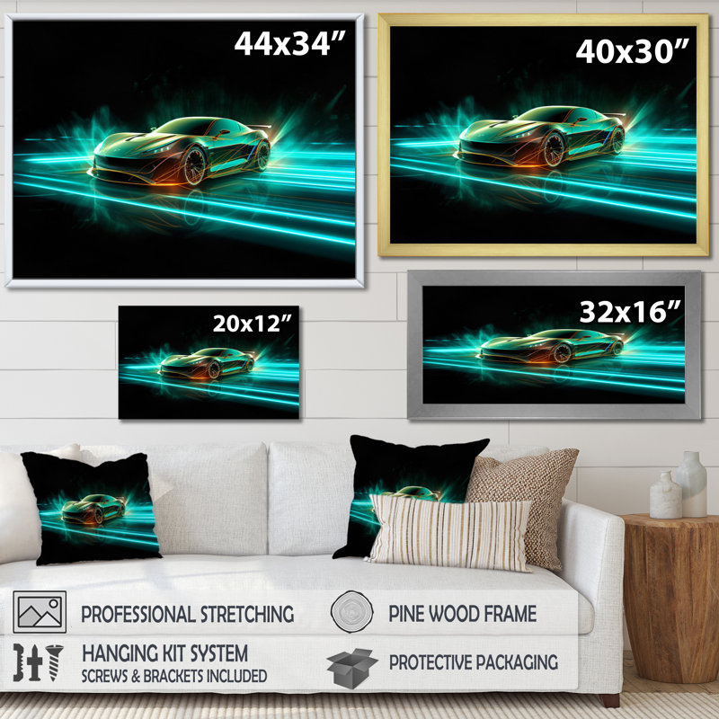 " Teal Neon Exotic Car III ", Black Picture Framed, 12" H x 20" W x 1" D