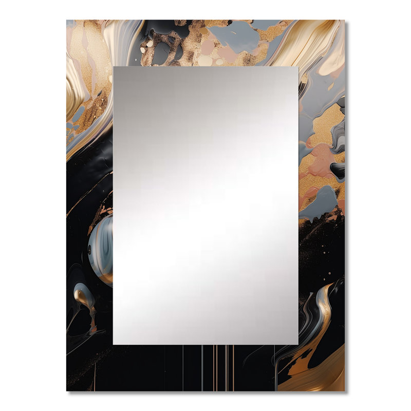 Gold And Black Marble Mirage III - Marble Decorative Mirror, Gold Wall Mirror, Printed Metal Art, 32" x 24"