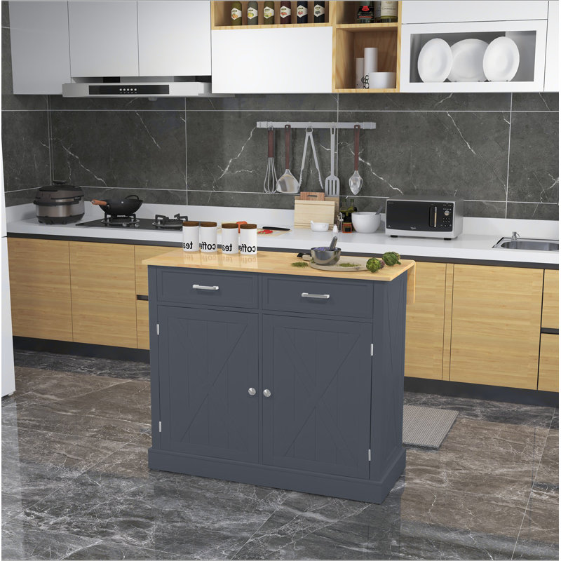 Rolling Kitchen Island With Drop Leaf Wood Breakfast Bar, Farmhouse Kitchen Cart With 2 Drawers, Adjustable Shelves For Dining Room