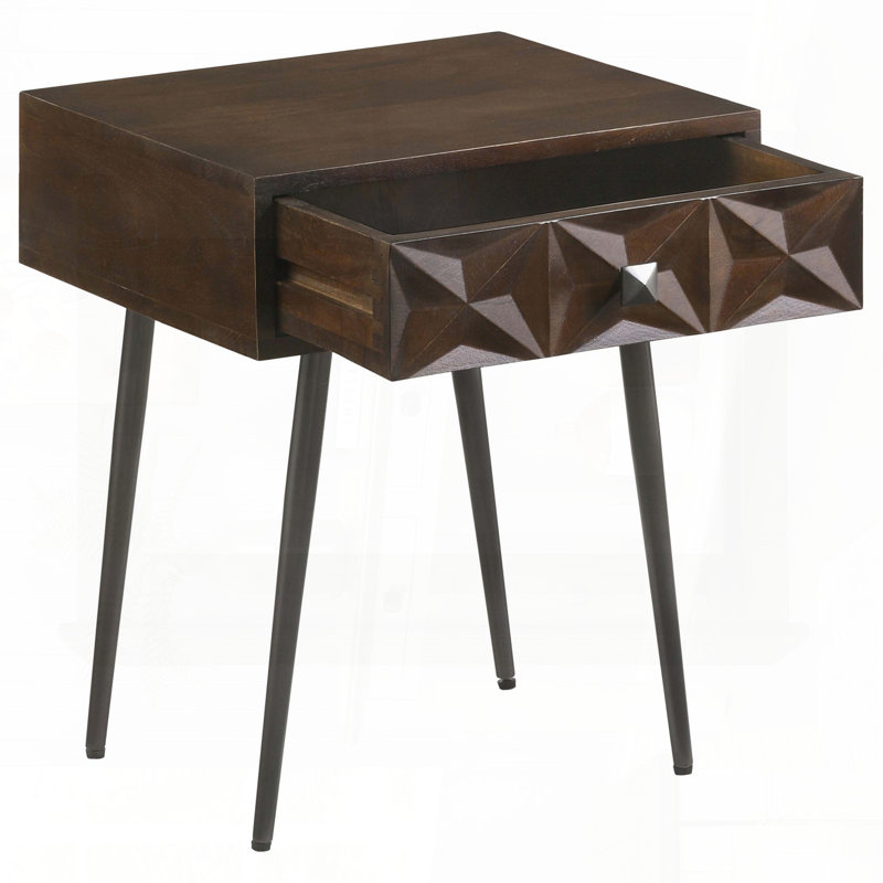 Table d'appoint brun foncé avec tiroir sculpté Starburst - Mid-Century