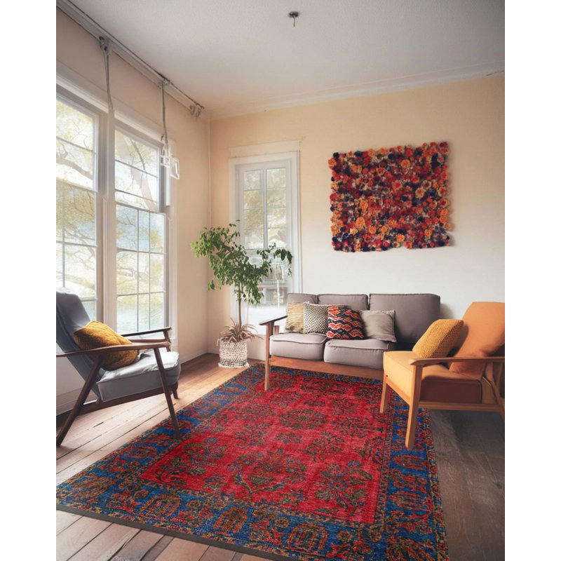 Tapis oriental en coton tissé à la machine rouge et bleu Cece, Rectangle 2 pi 8 po x 5 pi