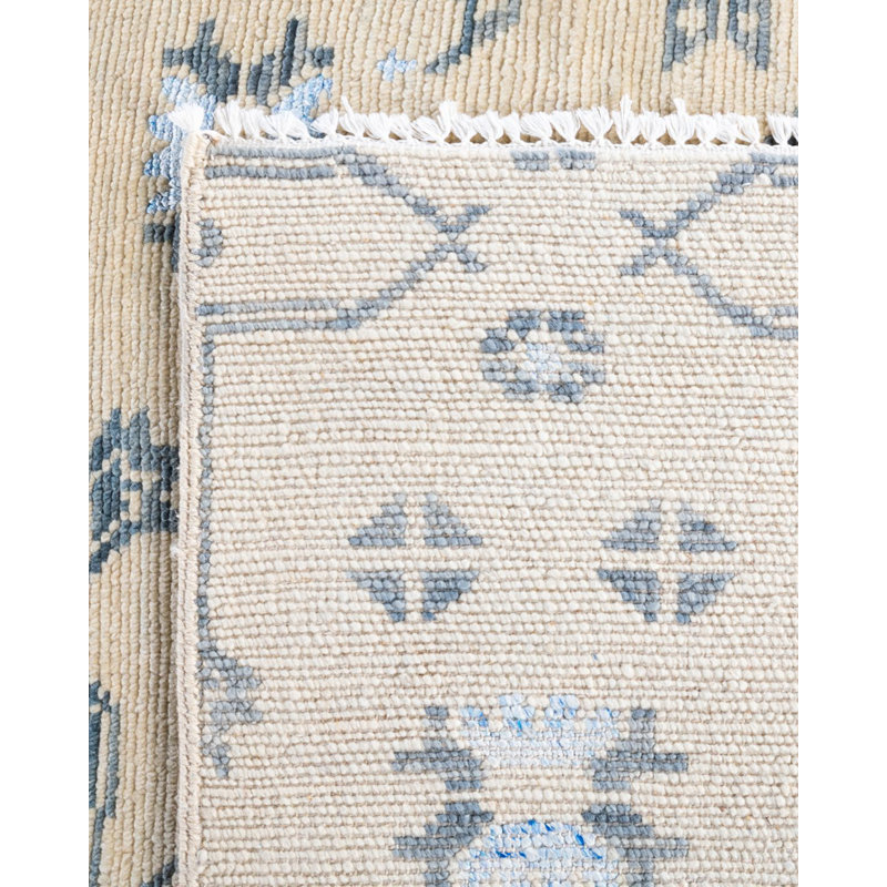 Beige and Blue Hand-Knotted Wool Silk 8' x 10' Area Rug