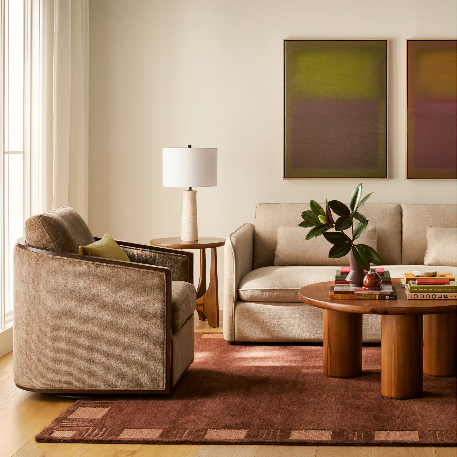 Clarisse Linen Swivel Armchair, Light Coffee