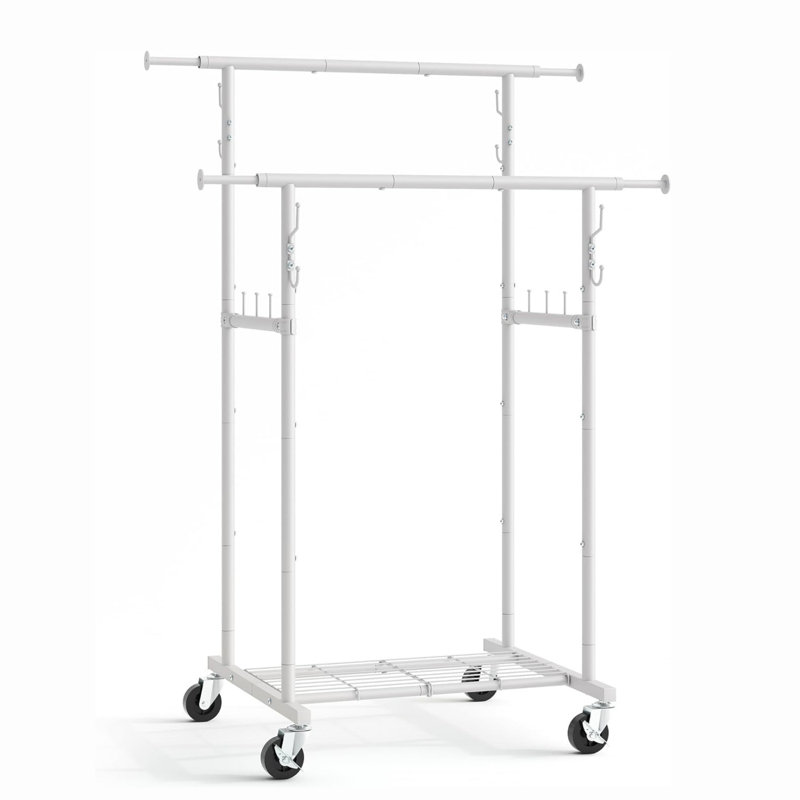 White Double Rod Metal Garment Rack with Wheels and Shelves, 64.2in