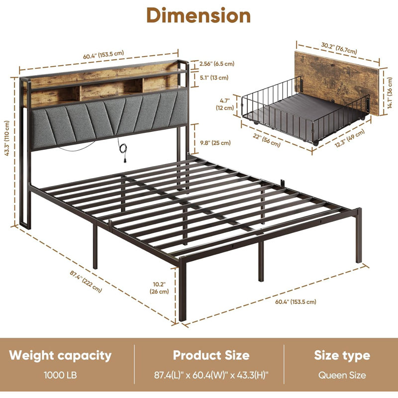 Upholstered Low Profile Platform Bed Frame, Queen