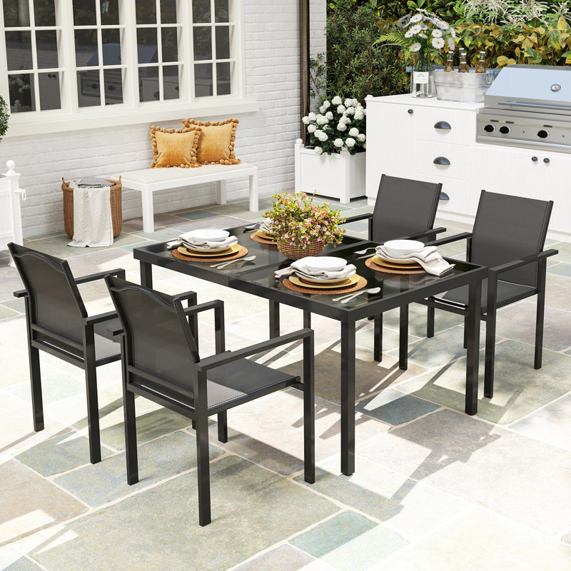 Ensemble de salle à manger 5 pièces pour patio avec trou pour parasol 2,1 "et 4 chaises empilables
