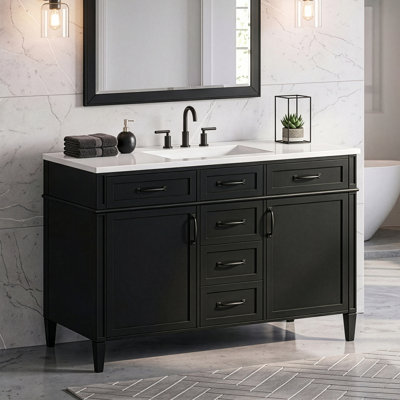 48 Inch Bathroom Vanity with Composite Sink Top, Freestanding Vanity Cabinet with 4 Drawers, 2 Doors, Adjustable Shelves, Black Handles