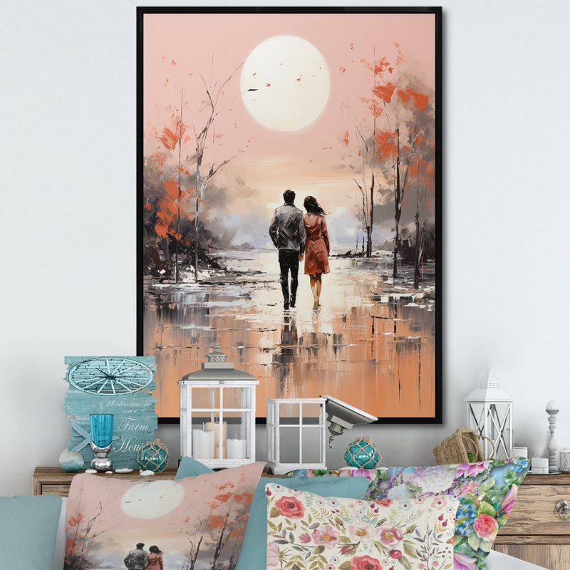 Cantera couple marchant sur la plage, H 32 po x l 16 po x P 1 po, Cadre flottant noir