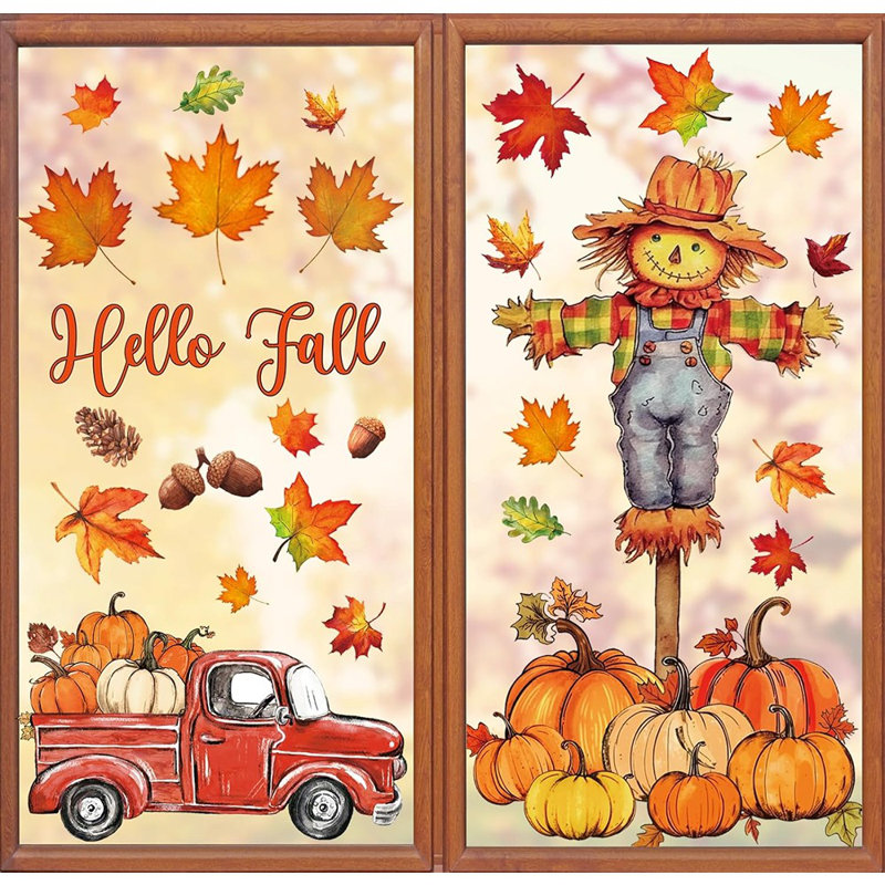 6 feuilles d'autocollants de fenêtre d'automne - autocollants d'aquarelle épinette de camion citrouille à feuilles d'aquarelle - autocollants de fenêtre à double face pour miroirs de fête d'automne