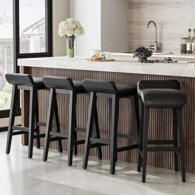 Ensemble de 4 tabourets de bar à hauteur de comptoir, siège en cuir PU de 26,2 po, structure en bois, repose-pieds, noir