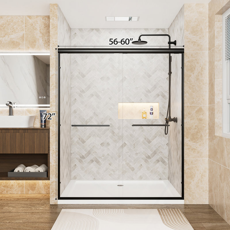 Aluminum Frame Double Sliding Shower Door, 1/4" (6Mm) Clear Tempered Glass With Explosion-Proof Film, Dual Stainless Steel Handles