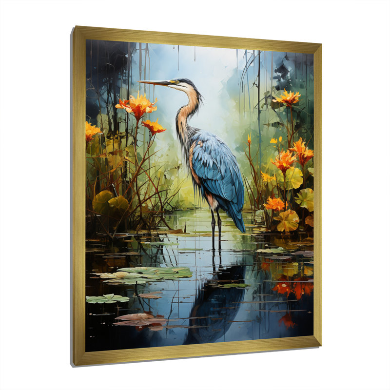 Décoration murale Lason Heron Silent Waters Pointillism I - Heron, H 20 po x l 12 po x P 1 po, Cadre doré simple