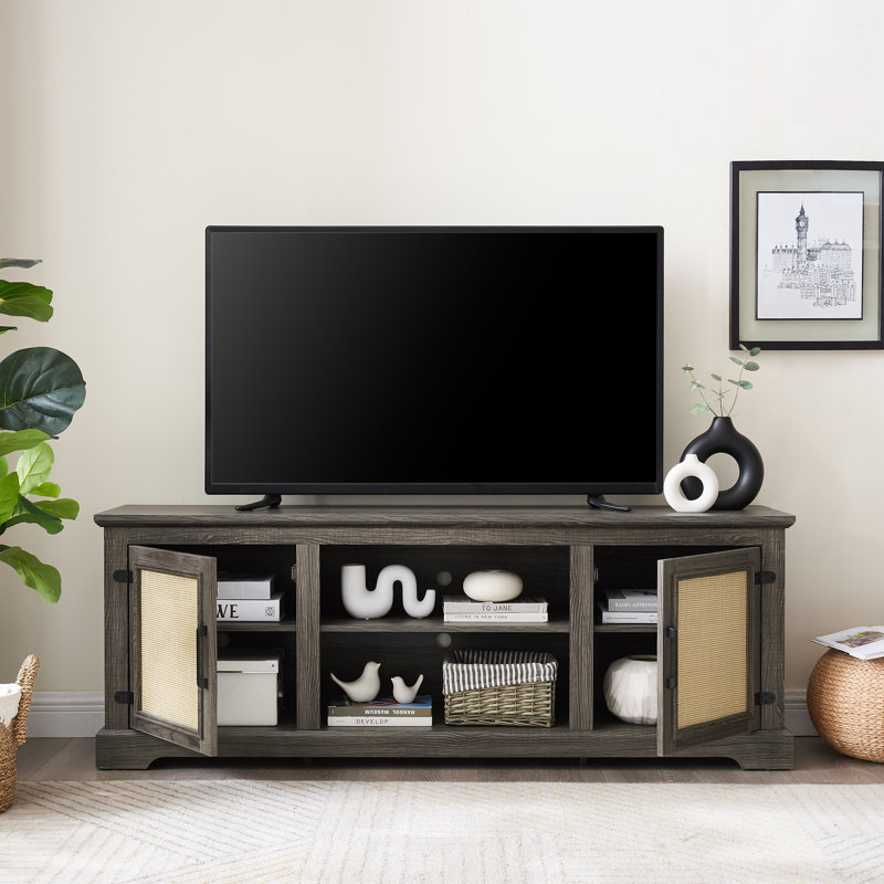 65" Mid-Century Modern TV Stand for TVs up to 70", Entertainment Center with Rattan Doors, Fish Tank Cabinet with Storage Cabinets & Adjustable Shelves, Fish Tank Cabinet for Living Room, Bedroom
