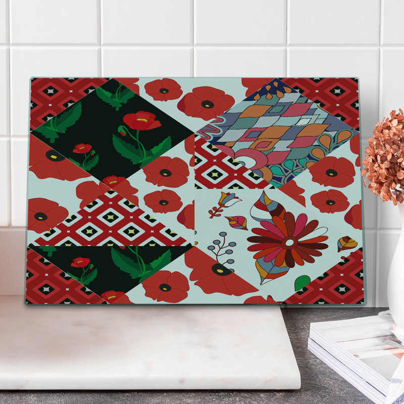Ambesonne Retro Cutting Board Large Size Slavic Patchwork Poppy Multicolor