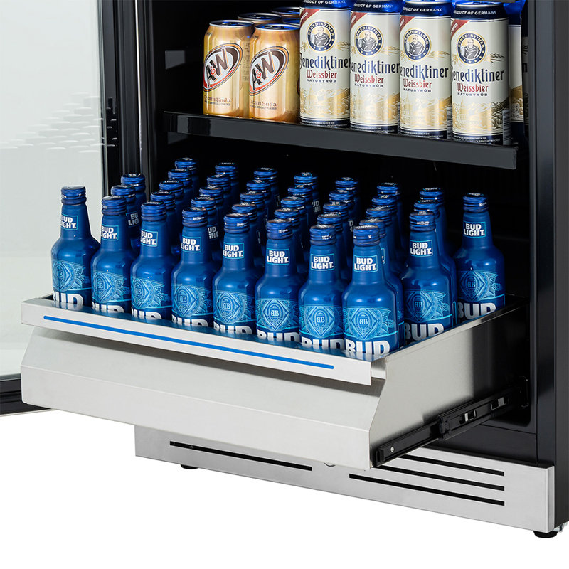 Réfrigérateur à boissons encastré 275L avec porte battante gauche, cadre en acier inoxydable et verre à double couche