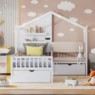 Twin House Bed with Upholstered Sofa, Charging Station, Wireless Charger, Storage Shelves & 2 Drawers, White