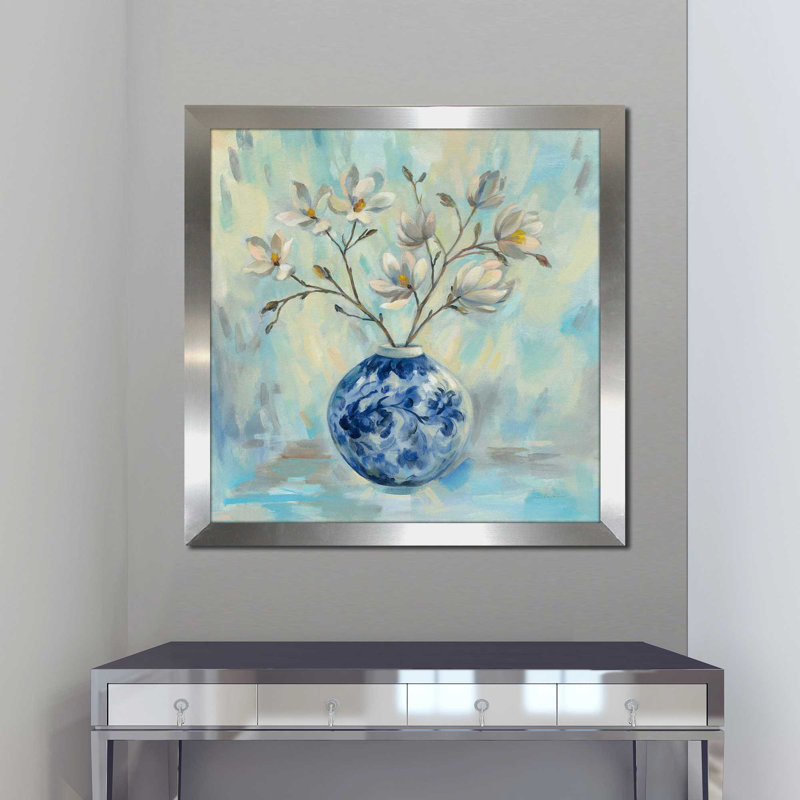 Chinoiserie et branches - Peinture, H 31,5 po x l 31,5 po x P 1 po, Encadrement argenté