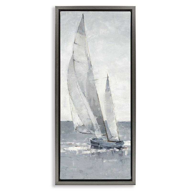 Voilier abstrait nautique, Cadre flottant gris lustré, H 25 po x l 11 po