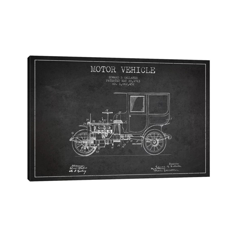 Edward B. Gallaher Motor Vehicle Patent Sketch (Charcoal) by Aged Pixel - Wrapped Canvas Print