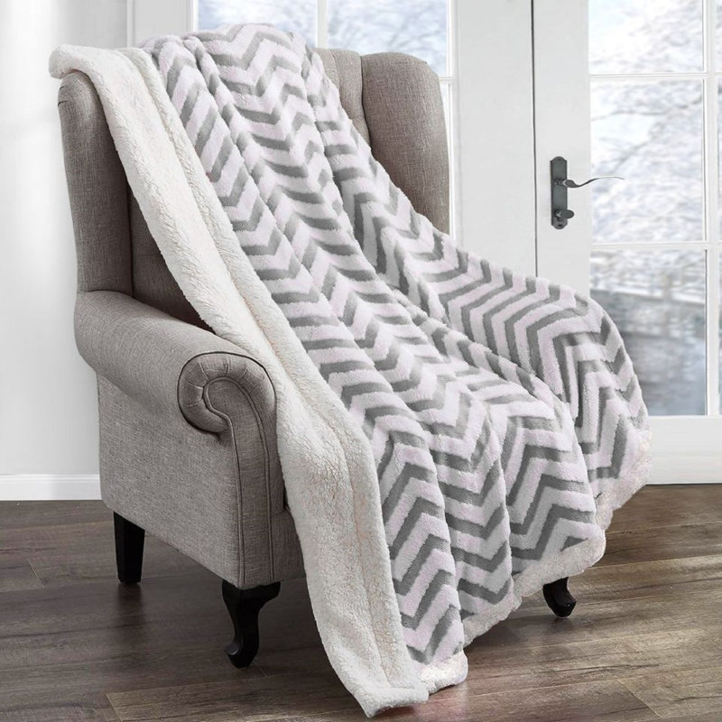 Aayanah Chunky Sherpa Backed Jacquard Chevron Throw Blanket, W100 x L150cm, Grey