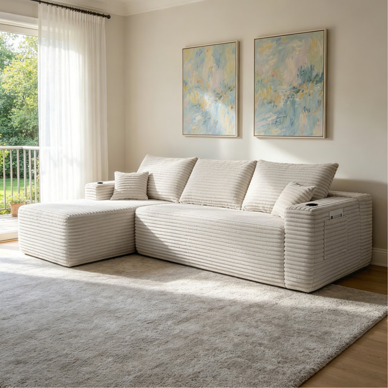 Canapé modulaire 108 po Cloud avec méridienne en forme de L et poches latérales, conception modulaire moderne, assise profonde, canapé rembourré pour le salon / la chambre à coucher, aucun assemblage requis (tissu moelleux), blanc, gauche