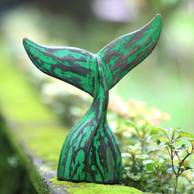 Handmade Whale Tale In Green Wood Statuette