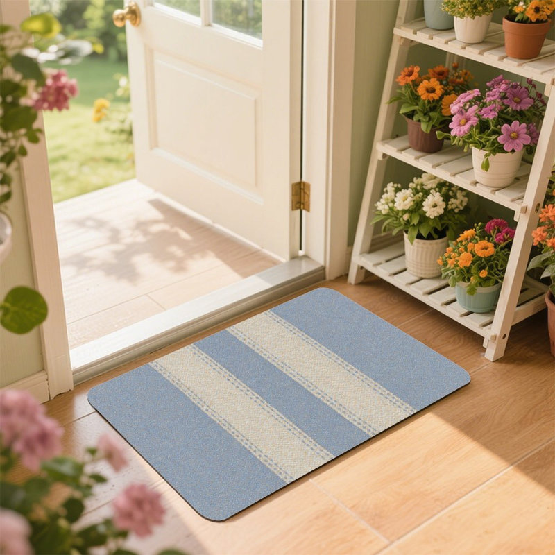 Blue Beige Striped Doormat, 24L x 36W, for Entrance Porch