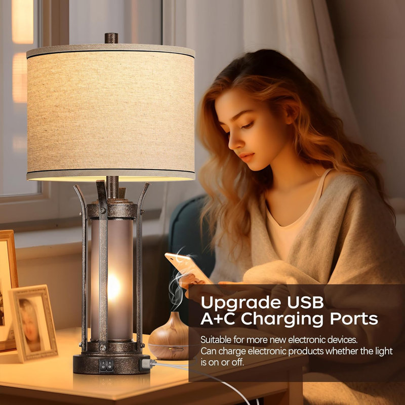 26" Bronze Rustic Farmhouse Table Lamps with USB Ports (Set of 2)