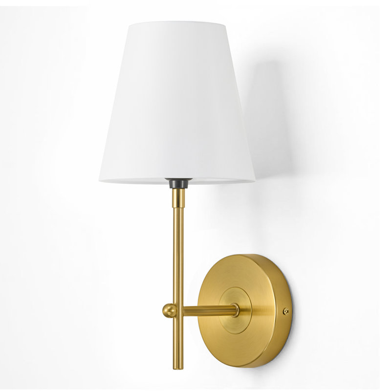Lampe murale branchée à 1 lumière avec branchement en laiton brossé et abat-jour en tissu, Laiton