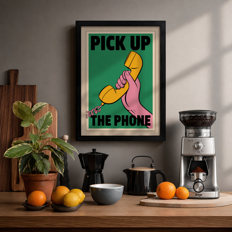Pick Up The Phone Retro - Framed Print, A4 - 29.7 x 21.0 cm, Black