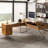 Nusaiba L-Shaped Solid Wood Wicker / Rattan Solid Wood Iron Computer Desk with Built-In Electrical Outlet-2061804096