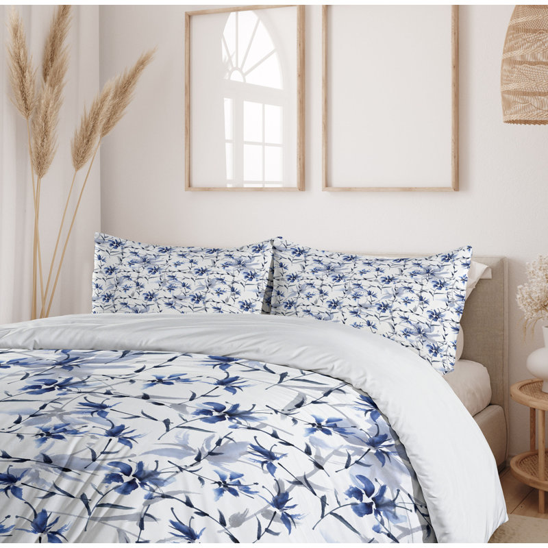 Twin Blue Floral Microfiber Duvet Cover Set